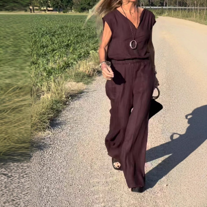 Women'S Casual Cotton And Linen Vest Trousers Two-Piece Set