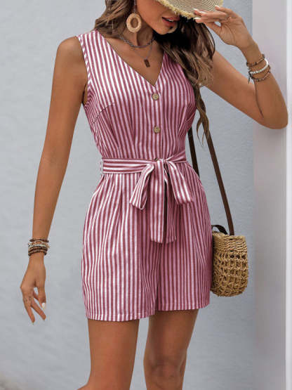 V-Neck Sleeveless Striped Jumpsuit