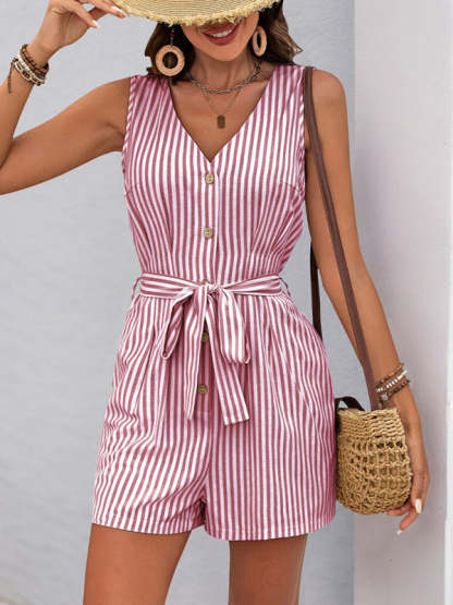 V-Neck Sleeveless Striped Jumpsuit