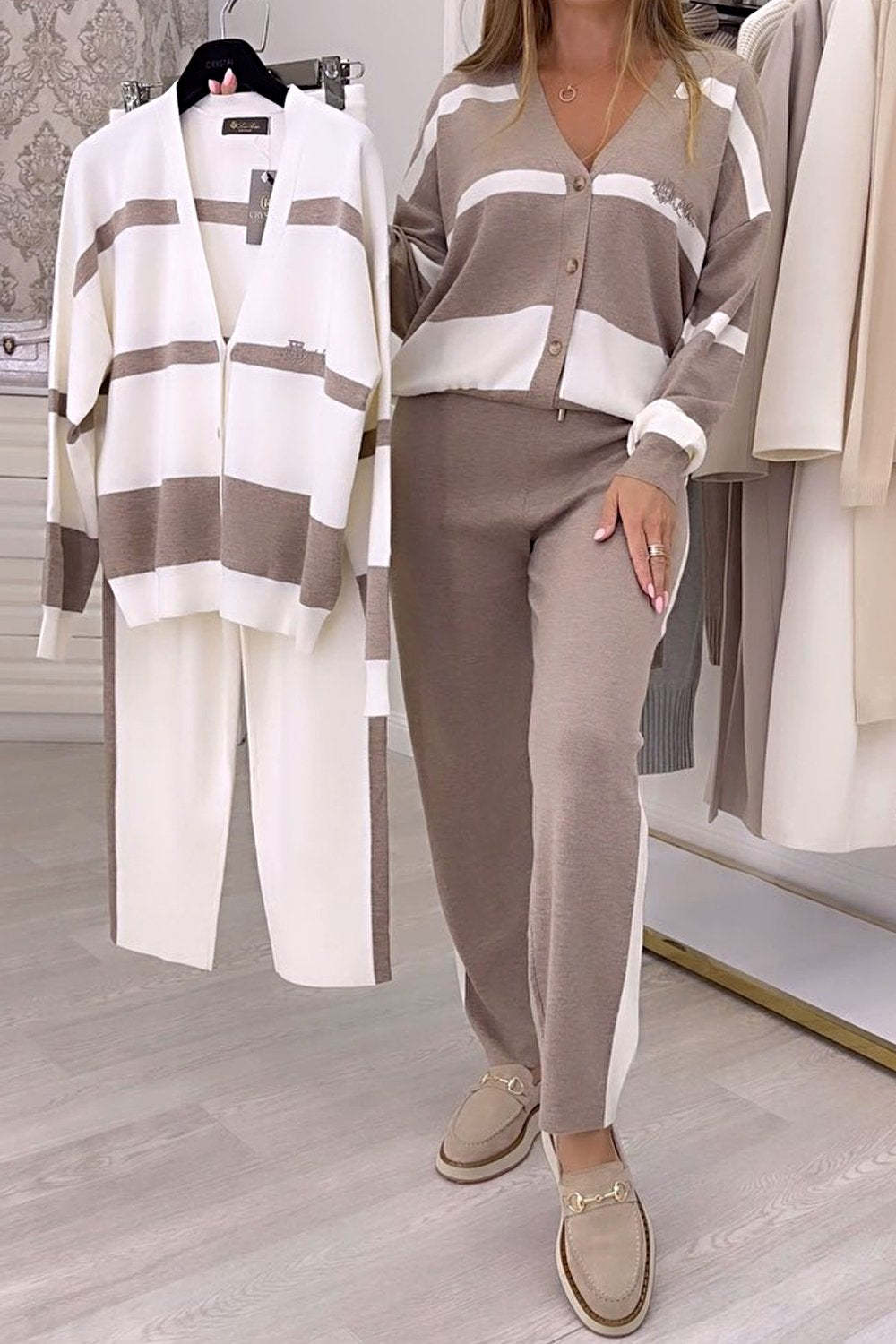 Women's Knitted Sweater Fashion Contrasting Two-piece Set