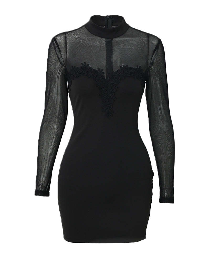 Shimmering Mesh Floral Embroidery Patchwork Round Neck Long Sleeve Bodycon Dress