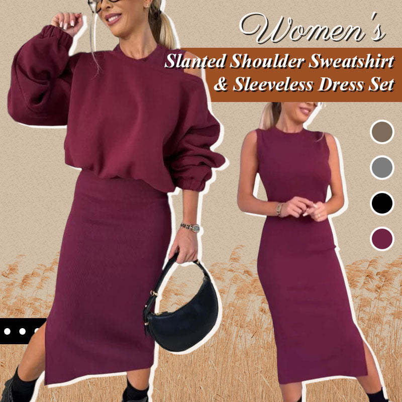 Limited Sale 50% OFFWomen's Slanted Shoulder Sweatshirt & Sleeveless Dress Set