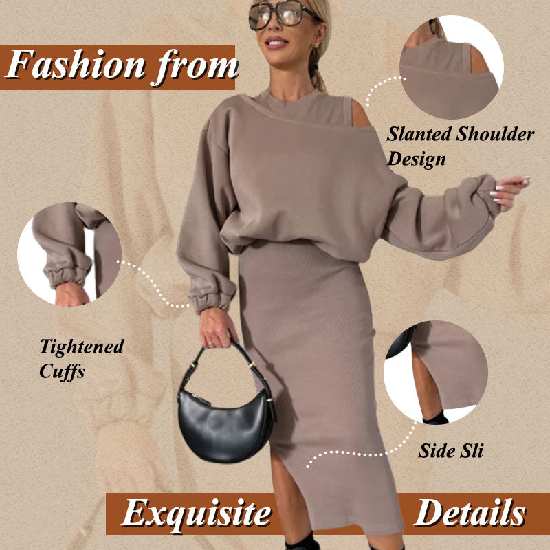 💖Limited Sale 50% OFF💖🍂Women's Slanted Shoulder Sweatshirt & Sleeveless Dress Set🌸