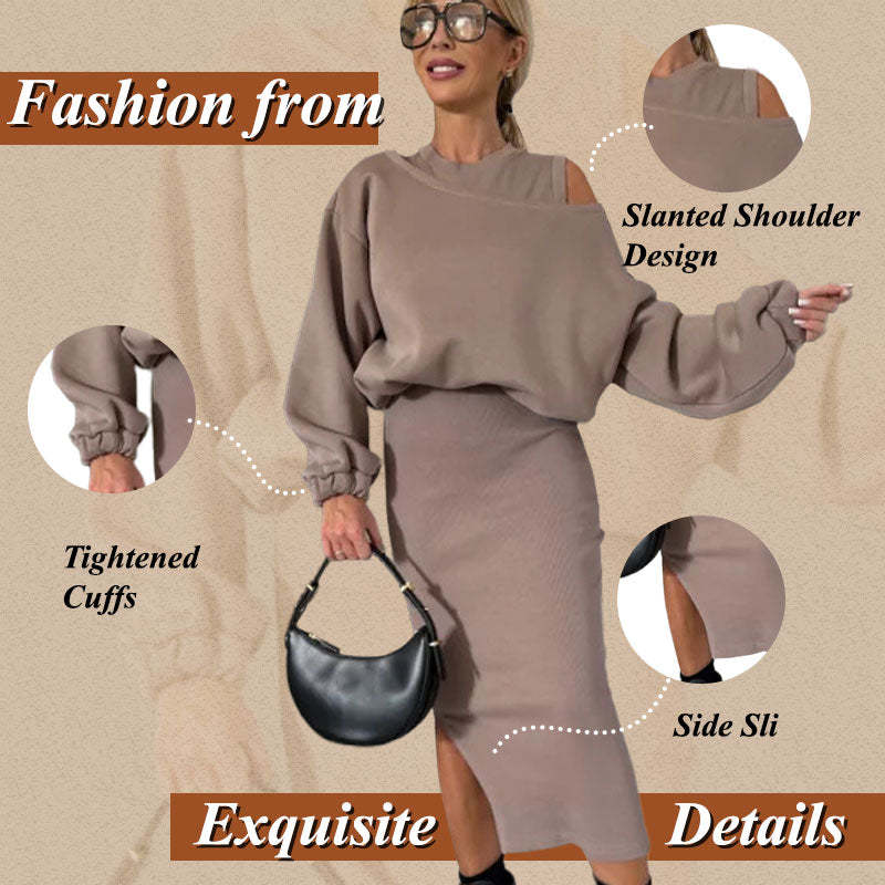 💖Limited Sale 50% OFF💖🍂Women's Slanted Shoulder Sweatshirt & Sleeveless Dress Set🌸