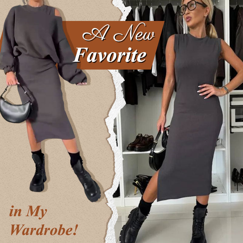 💖Limited Sale 50% OFF💖🍂Women's Slanted Shoulder Sweatshirt & Sleeveless Dress Set🌸