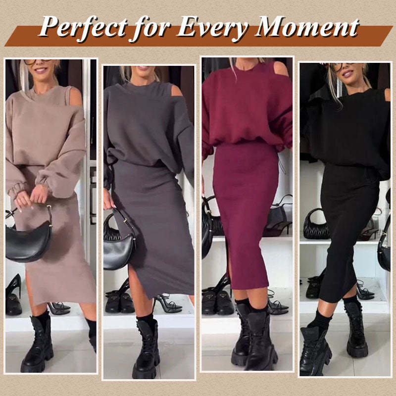💖Limited Sale 50% OFF💖🍂Women's Slanted Shoulder Sweatshirt & Sleeveless Dress Set🌸