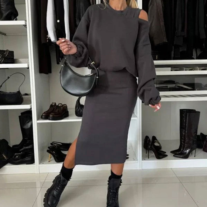💖Limited Sale 50% OFF💖🍂Women's Slanted Shoulder Sweatshirt & Sleeveless Dress Set🌸