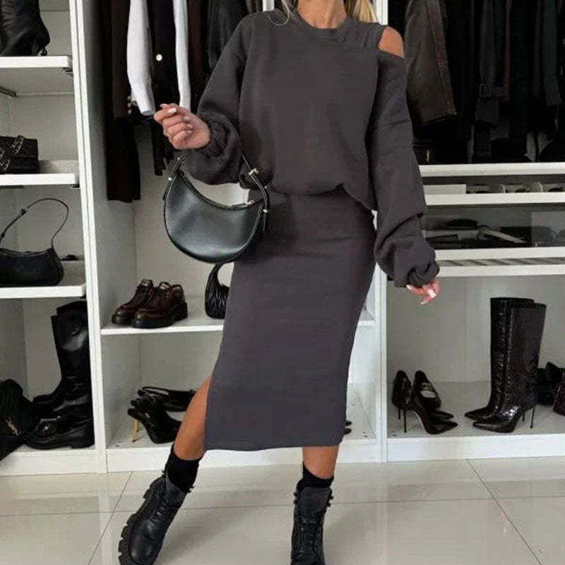 💖Limited Sale 50% OFF💖🍂Women's Slanted Shoulder Sweatshirt & Sleeveless Dress Set🌸