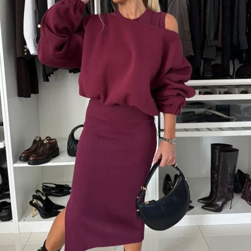 💖Limited Sale 50% OFF💖🍂Women's Slanted Shoulder Sweatshirt & Sleeveless Dress Set🌸