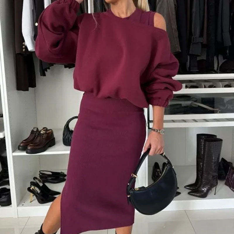 💖Limited Sale 50% OFF💖🍂Women's Slanted Shoulder Sweatshirt & Sleeveless Dress Set🌸