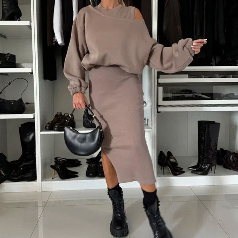 💖Limited Sale 50% OFF💖🍂Women's Slanted Shoulder Sweatshirt & Sleeveless Dress Set🌸
