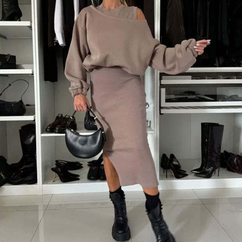 💖Limited Sale 50% OFF💖🍂Women's Slanted Shoulder Sweatshirt & Sleeveless Dress Set🌸