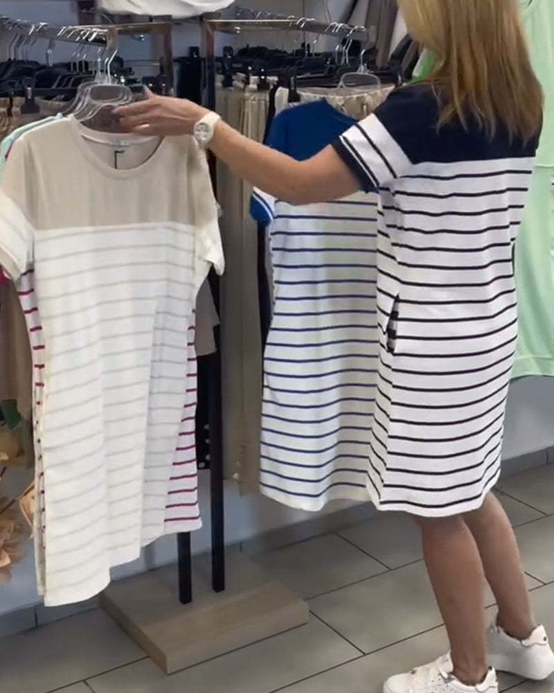 Sukienka w paski, swobodna, z okrągłym dekoltem