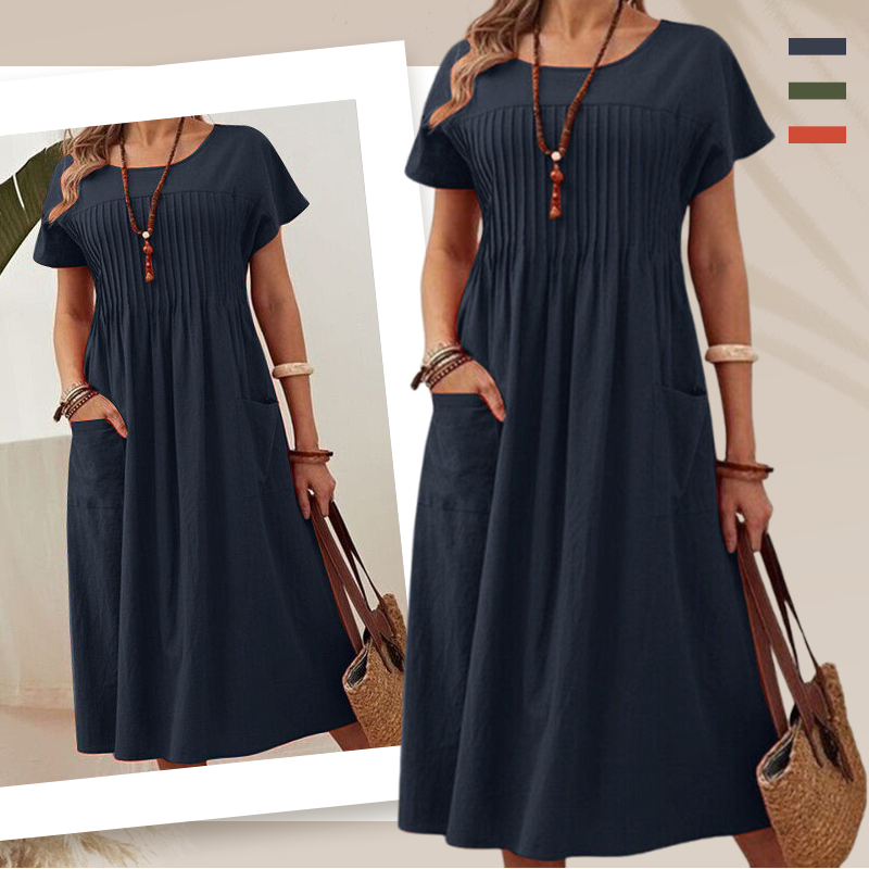 ✨Rochie plisată pentru femei cu mâneci scurte și buzunare