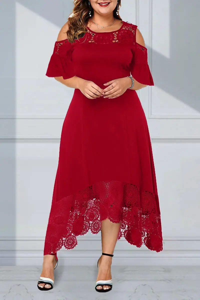 Lace Spliced ​​Ruffle Short-Sleeved Pullover Dress For Women