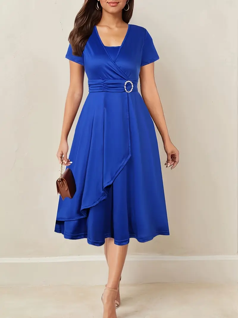 Ladies Summer Elegant V-Neck Solid Color Dress