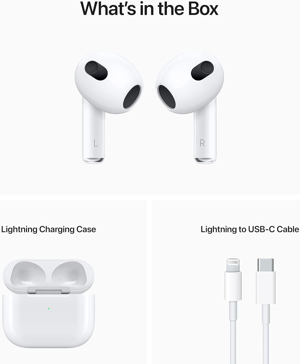 Apple AirPods (3rd generation)｜Spatial audio｜Adaptive EQ｜H1 chip｜30 hours of battery life｜MagSafe charging｜Sweat and water resistant｜Siri voice｜Seamless connection to Apple ecosystem