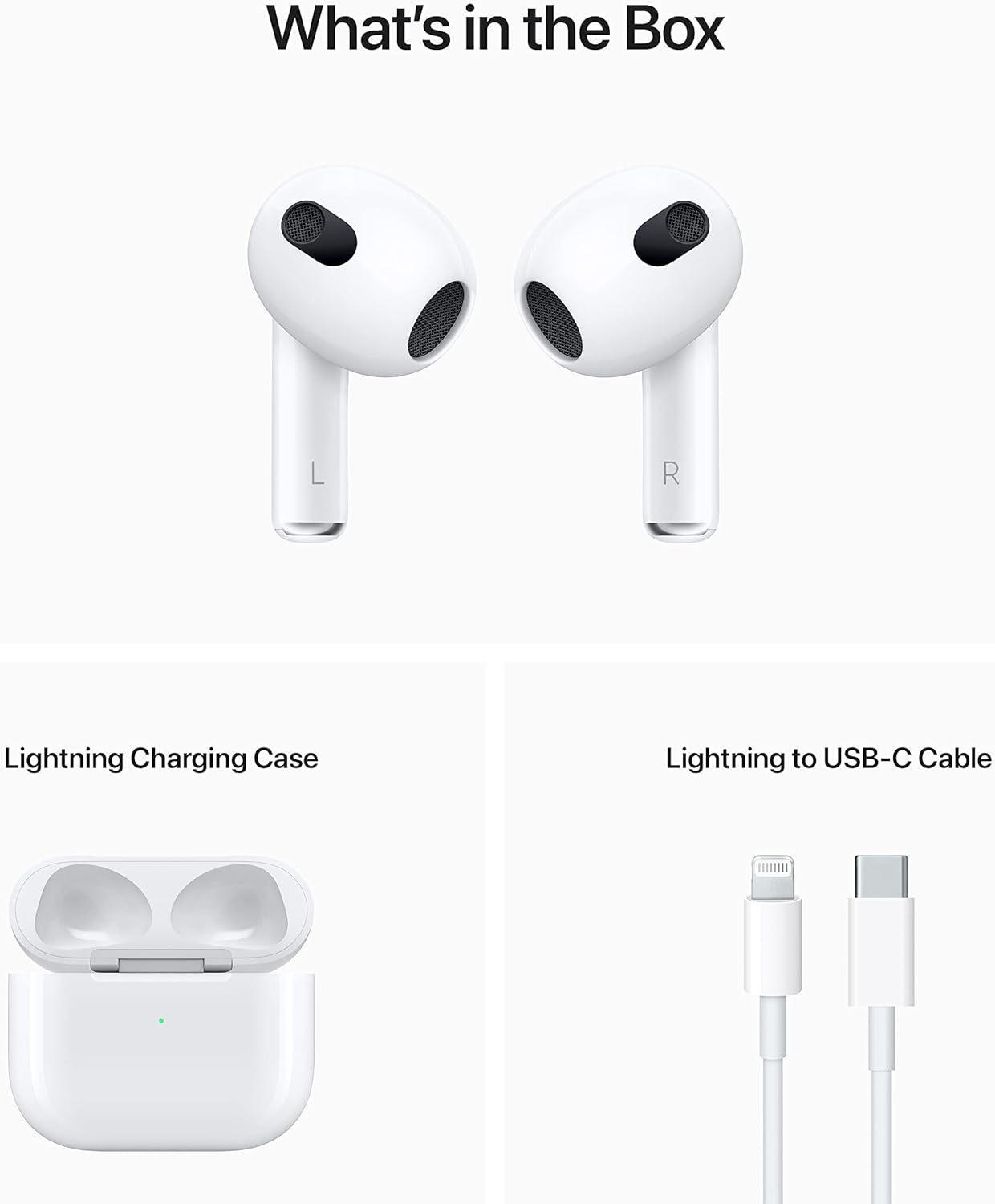 Apple AirPods (3rd generation)｜Spatial audio｜Adaptive EQ｜H1 chip｜30 hours of battery life｜MagSafe charging｜Sweat and water resistant｜Siri voice｜Seamless connection to Apple ecosystem