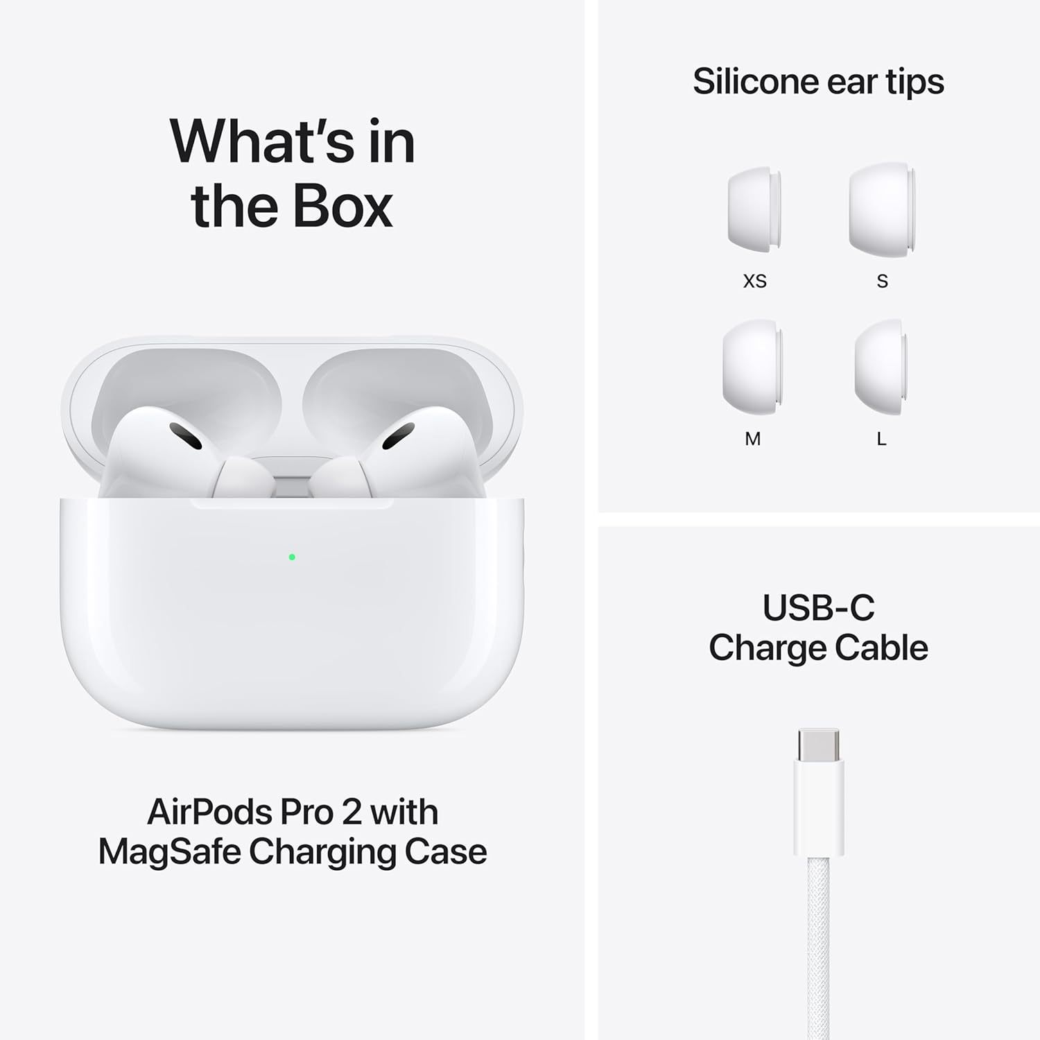 Apple AirPods Pro 2｜Active Noise Cancellation 2.0｜Spatial Audio｜H2 chip｜MagSafe charging｜Sweat and water resistance｜Adaptive transparency mode｜USB-C charging case｜Personalized spatial audio