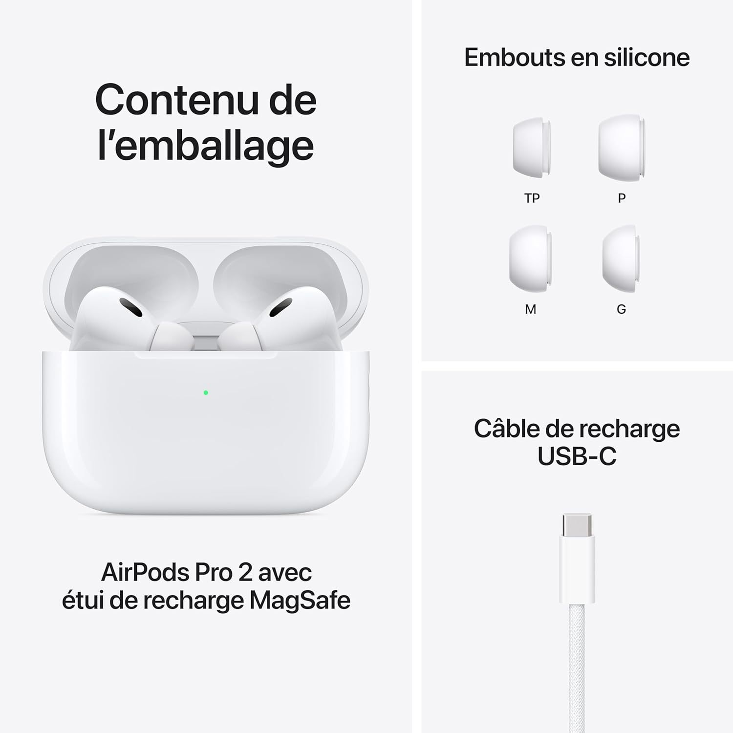 Apple AirPods Pro 2｜Active Noise Cancellation 2.0｜Spatial Audio｜H2 chip｜MagSafe charging｜Sweat and water resistance｜Adaptive transparency mode｜USB-C charging case｜Personalized spatial audio