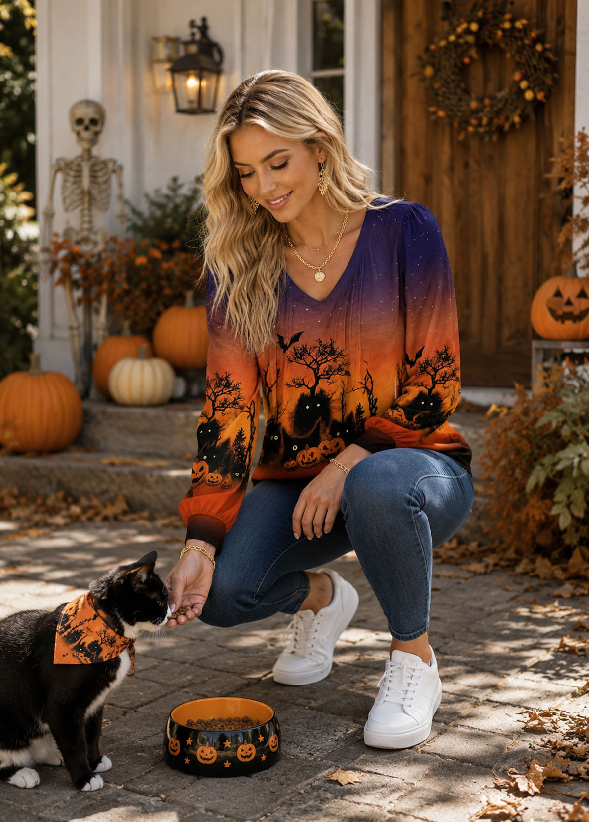 Halloween Cat Pumpkin Print V Neck Top