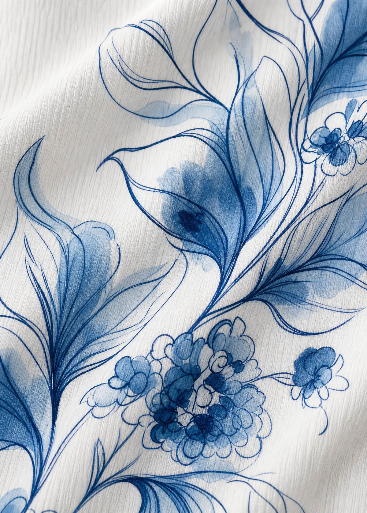 Watercolor Blue Floral Henley V‑Neck Roll‑Up 3/4 Sleeve Top