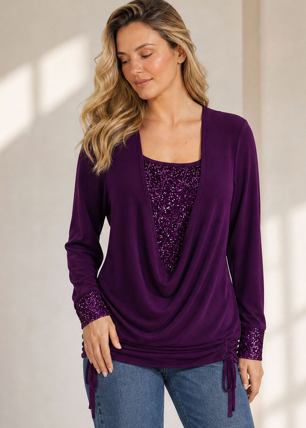 Sequin Mock Two‑Piece Cowl Neck Long Sleeve Top
