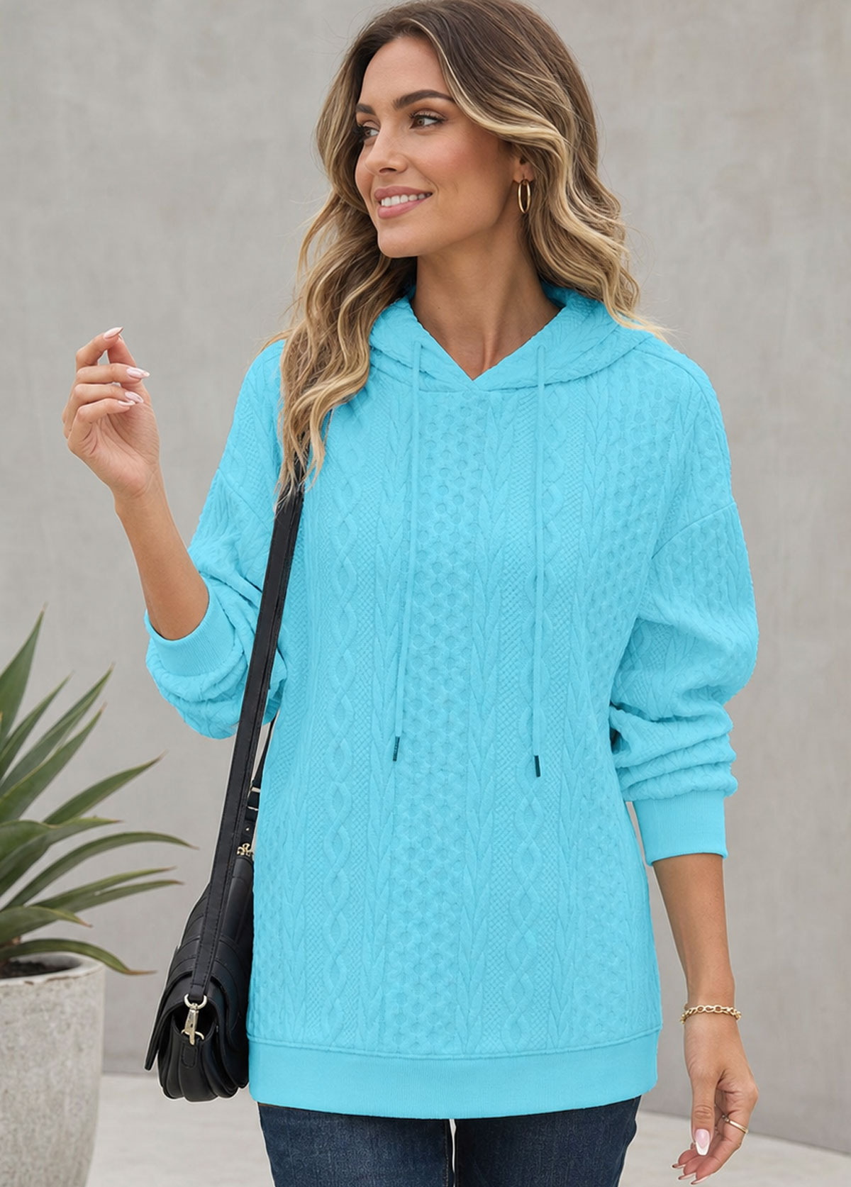 Cable Textured Drawstring Hooded Sweatshirt