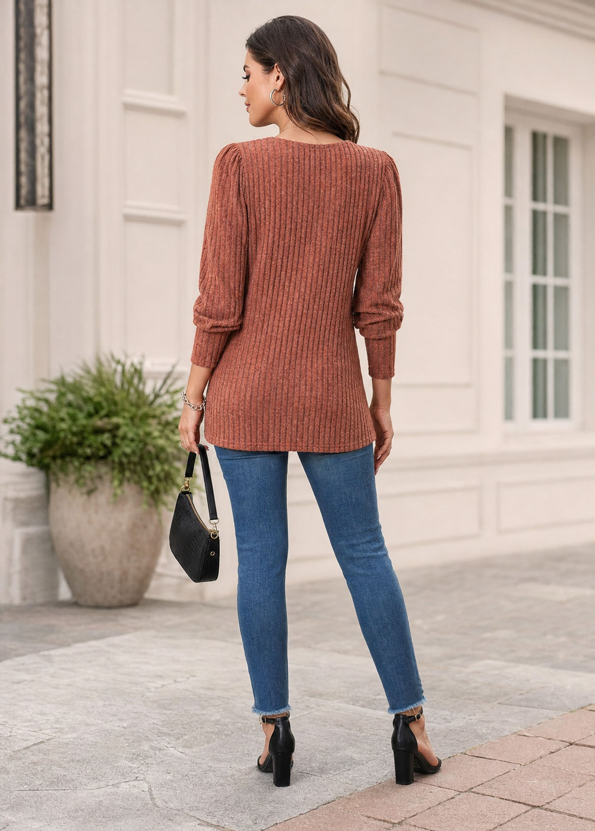 Square Neck Ribbed Long Sleeve Button Tunic Top