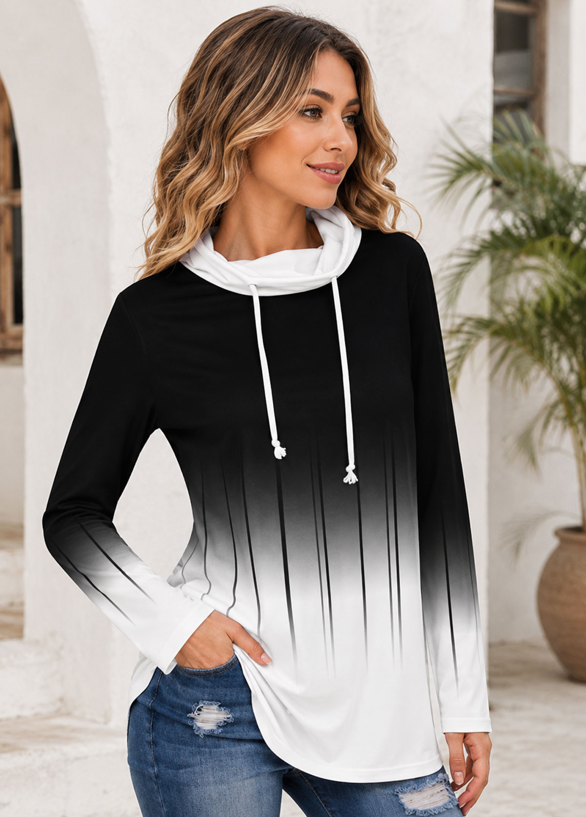 Ombre Gradient Long Sleeve Cowl Neck Hooded Tunic Top