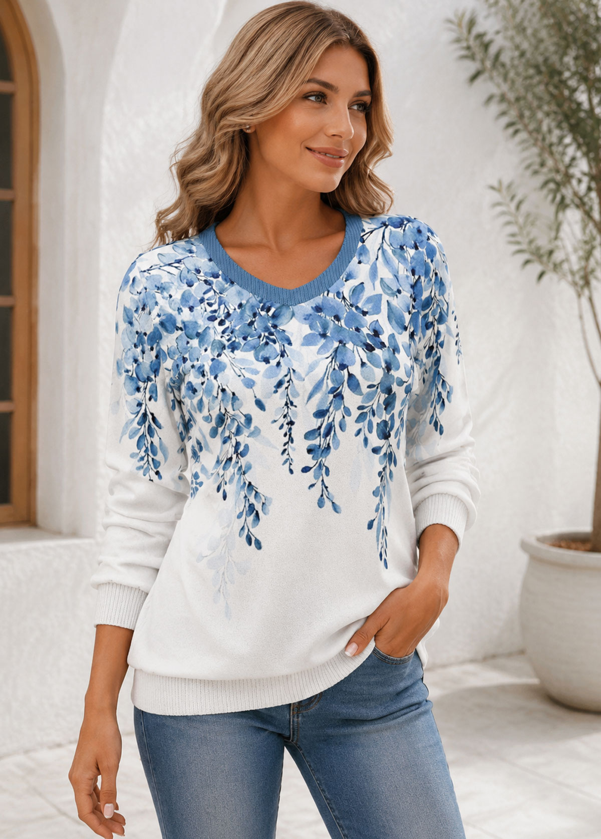 Blue Floral Print V Neck Long Sleeve Knit Sweater