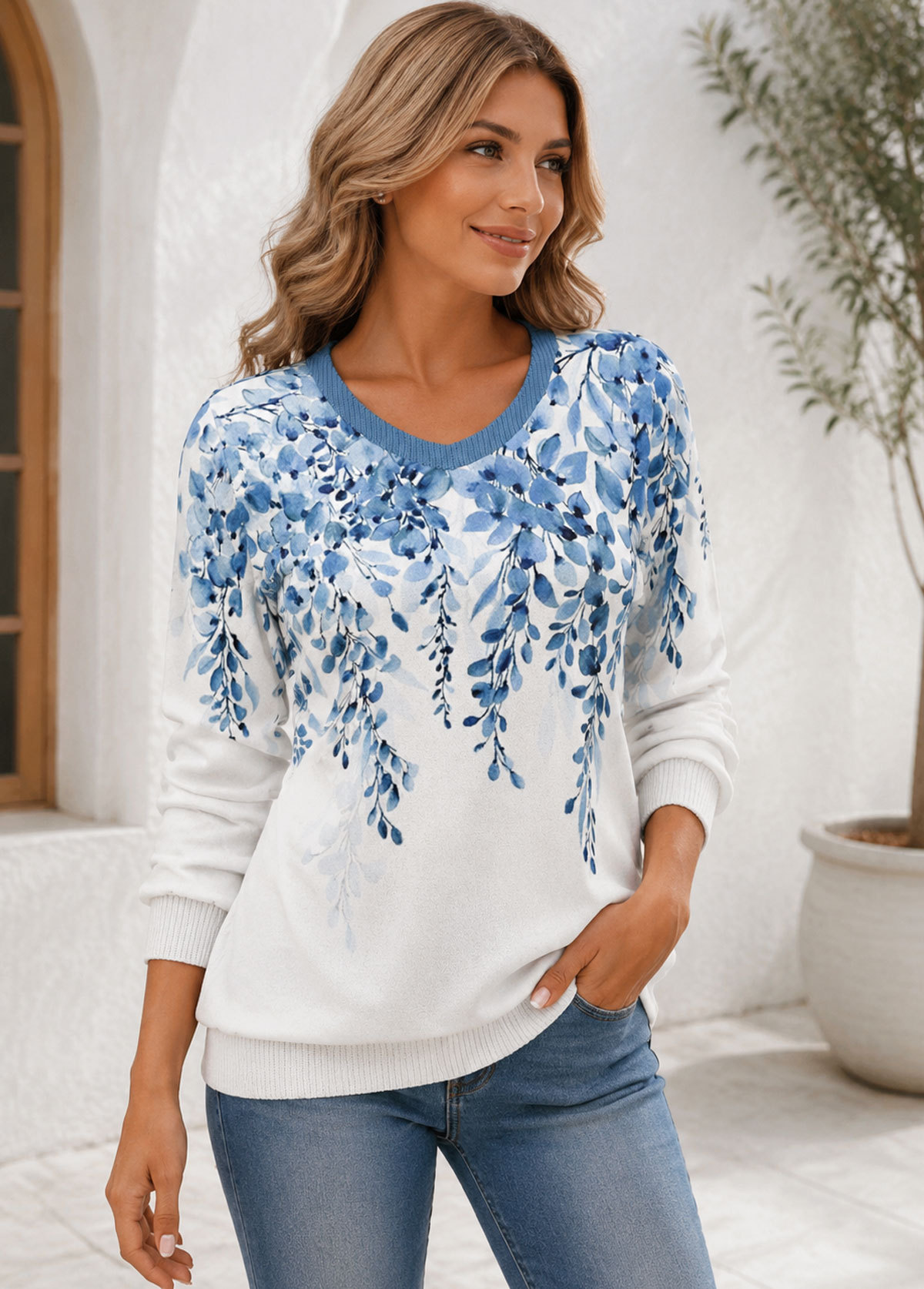 Blue Floral Print V Neck Long Sleeve Knit Sweater