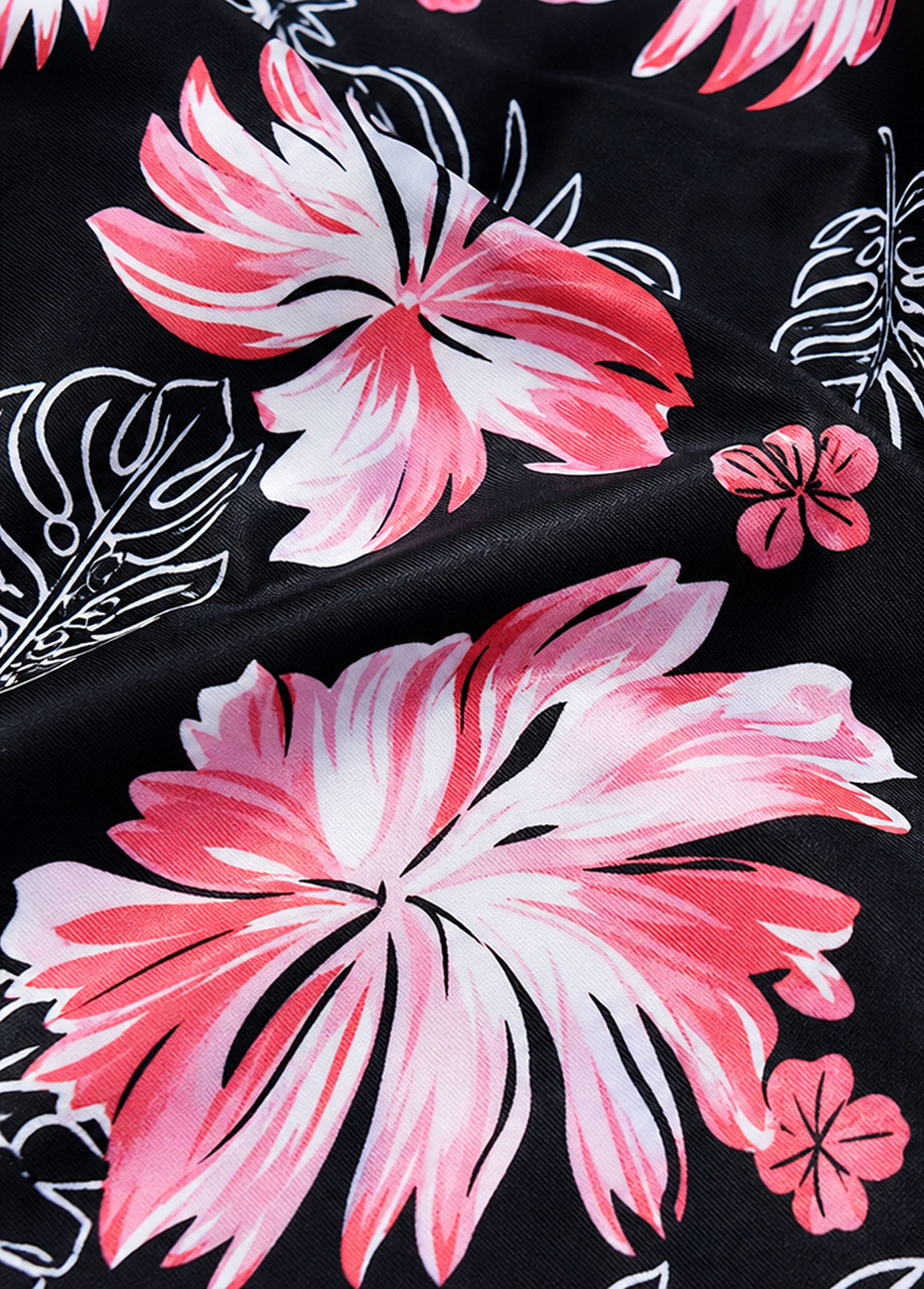 Black Tropical Floral Adjustable Strap Scoop Tankini Two Piece Set