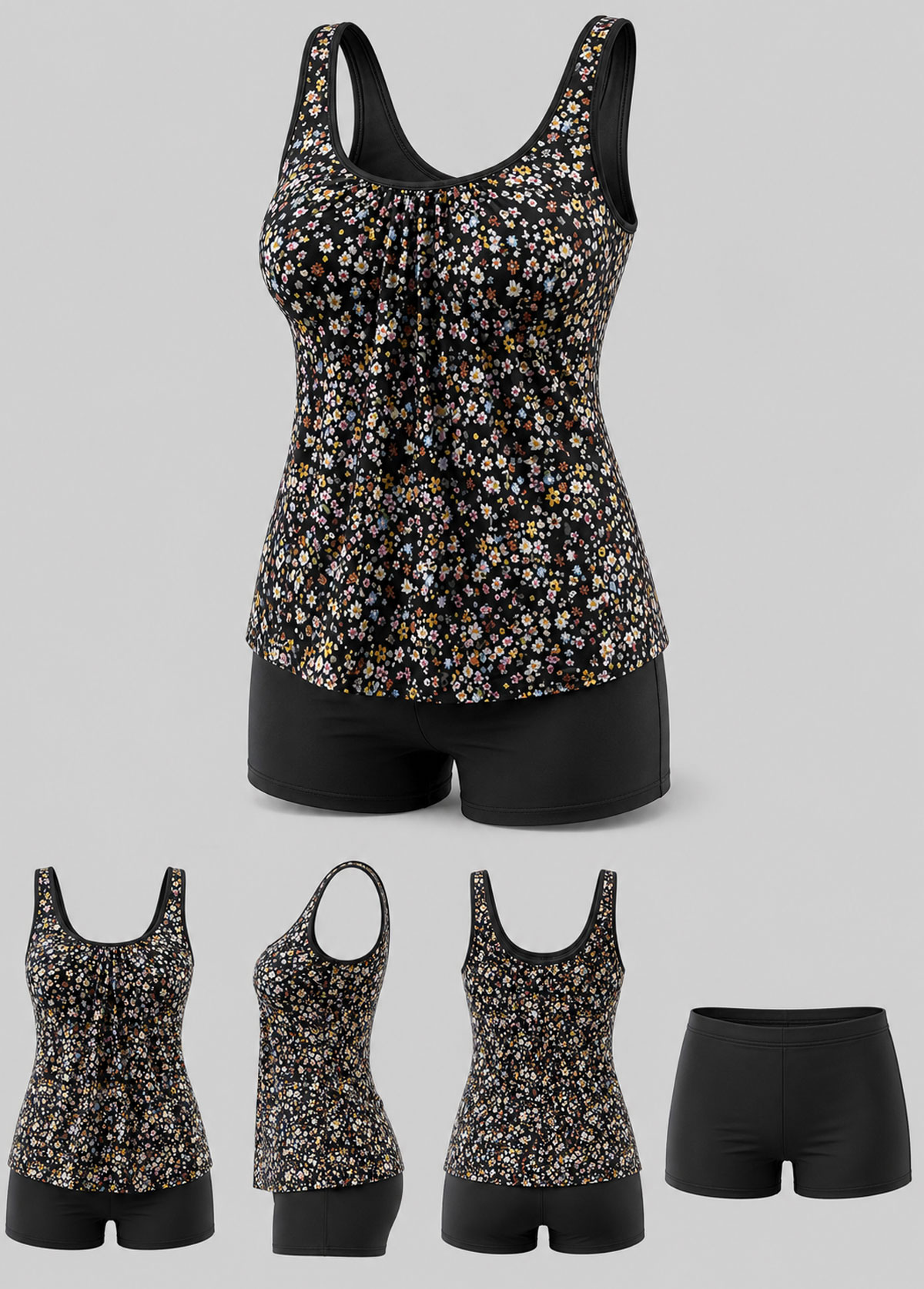 Ditsy Floral U‑Neck Tankini Set With Swim Shorts