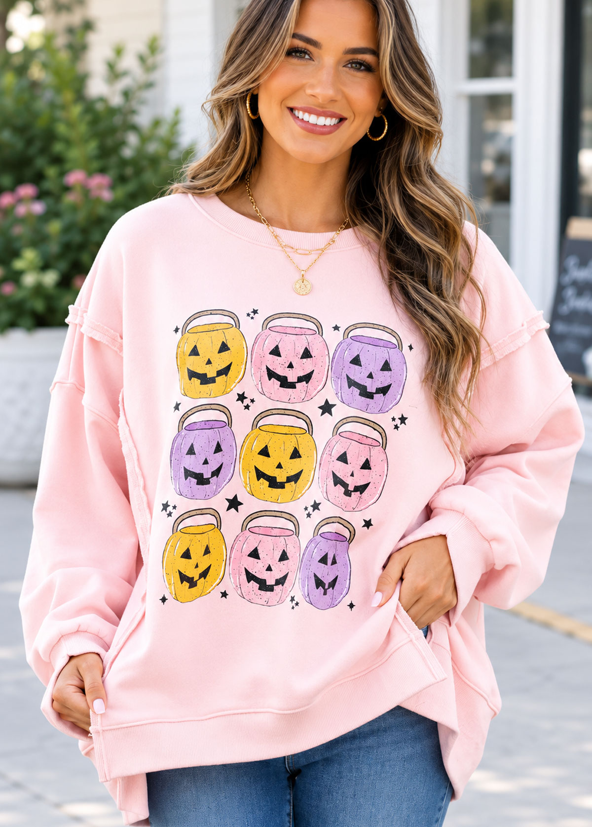 Colorful Pumpkin Bucket Graphic Oversized Sweatshirt