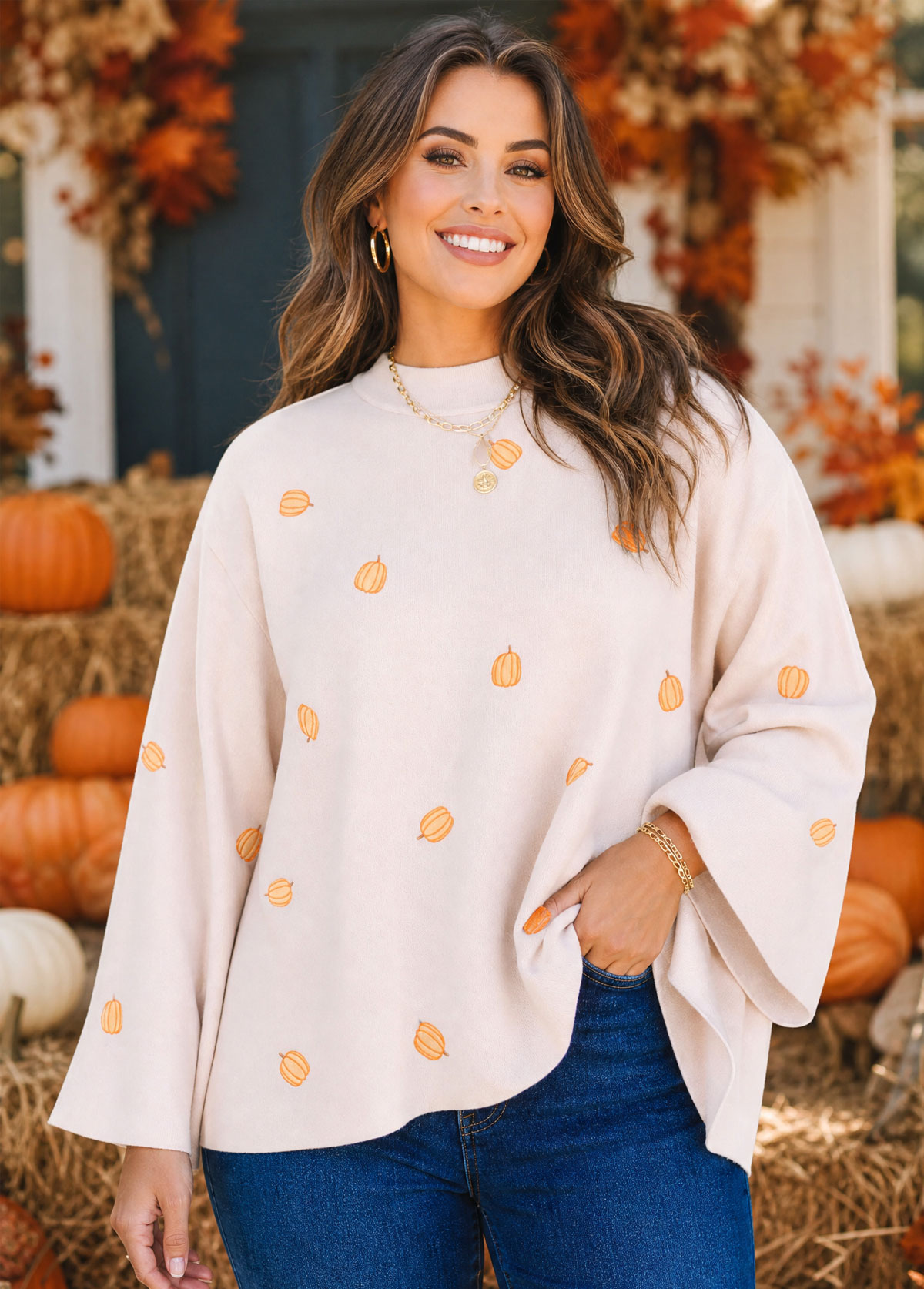 Women Fall Pumpkin Embroidered Mock Neck Wide Sleeve Knit Sweater