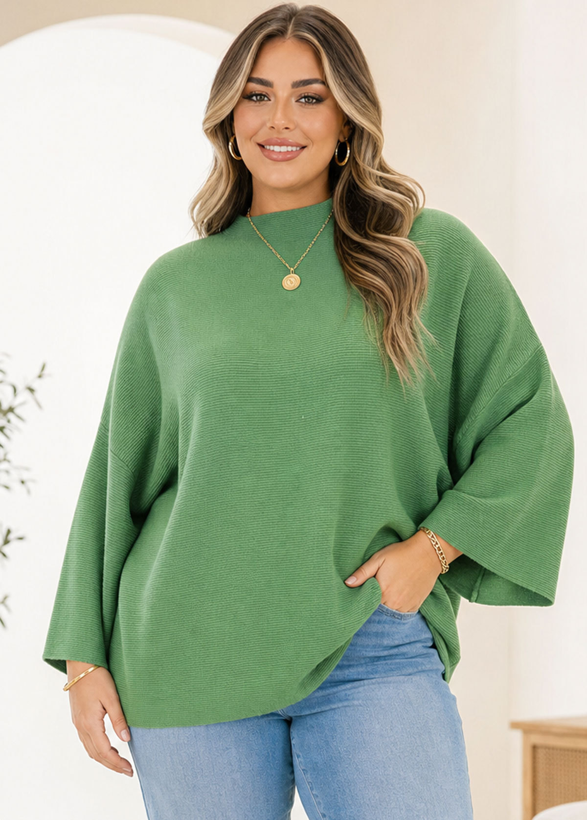 Women Mock Neck Ribbed Oversized Batwing Sleeve Knit Sweater