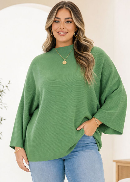 Women Mock Neck Ribbed Oversized Batwing Sleeve Knit Sweater