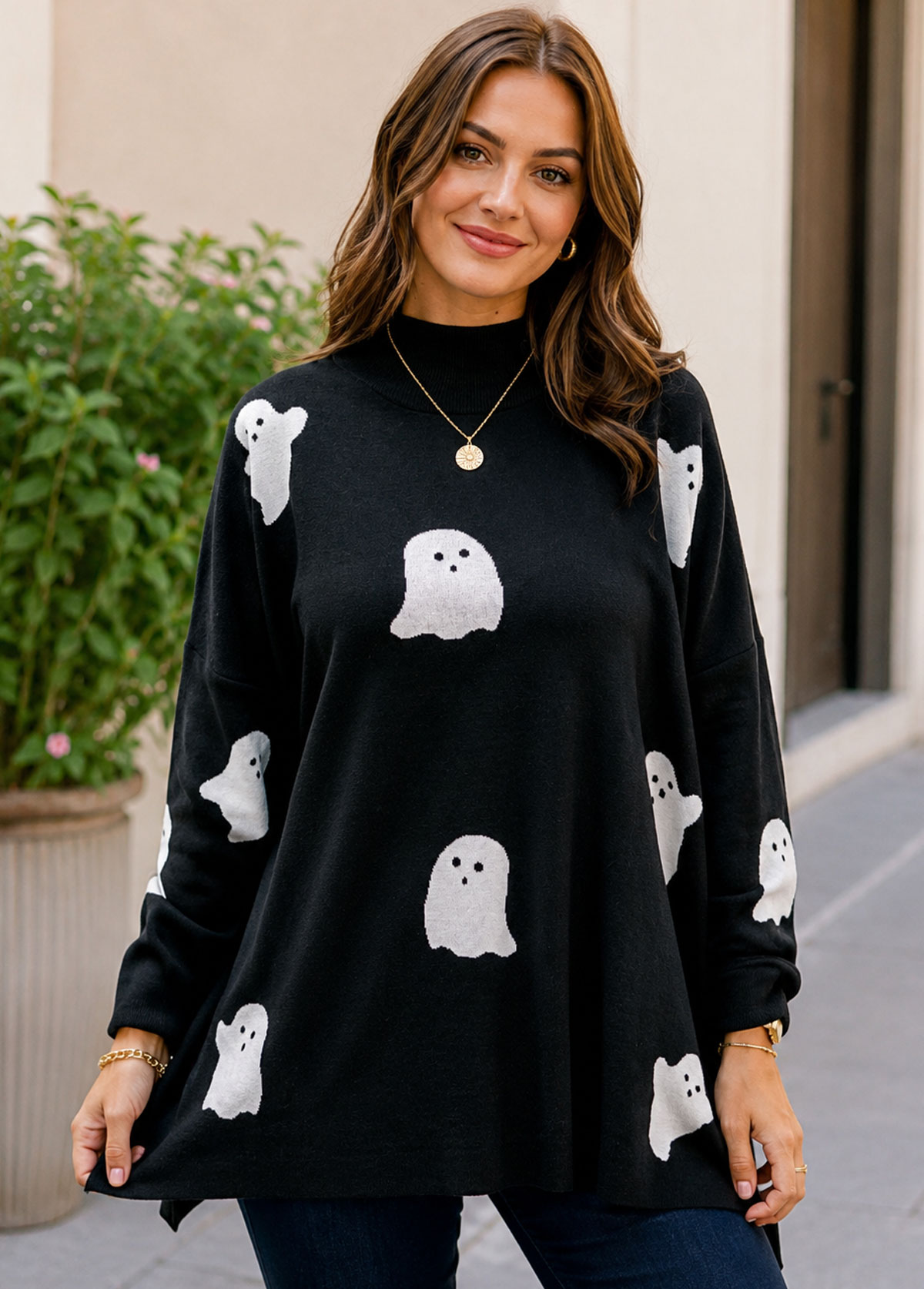 Cute Ghost Pattern Mock Neck Oversized Knit Sweater