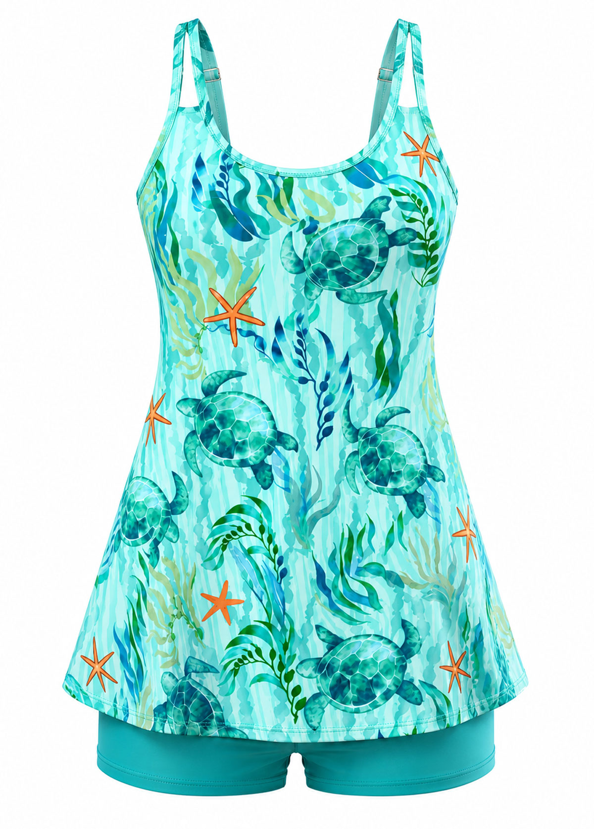 Turquoise Sea Turtle Print Adjustable Strap Swing Tankini Set