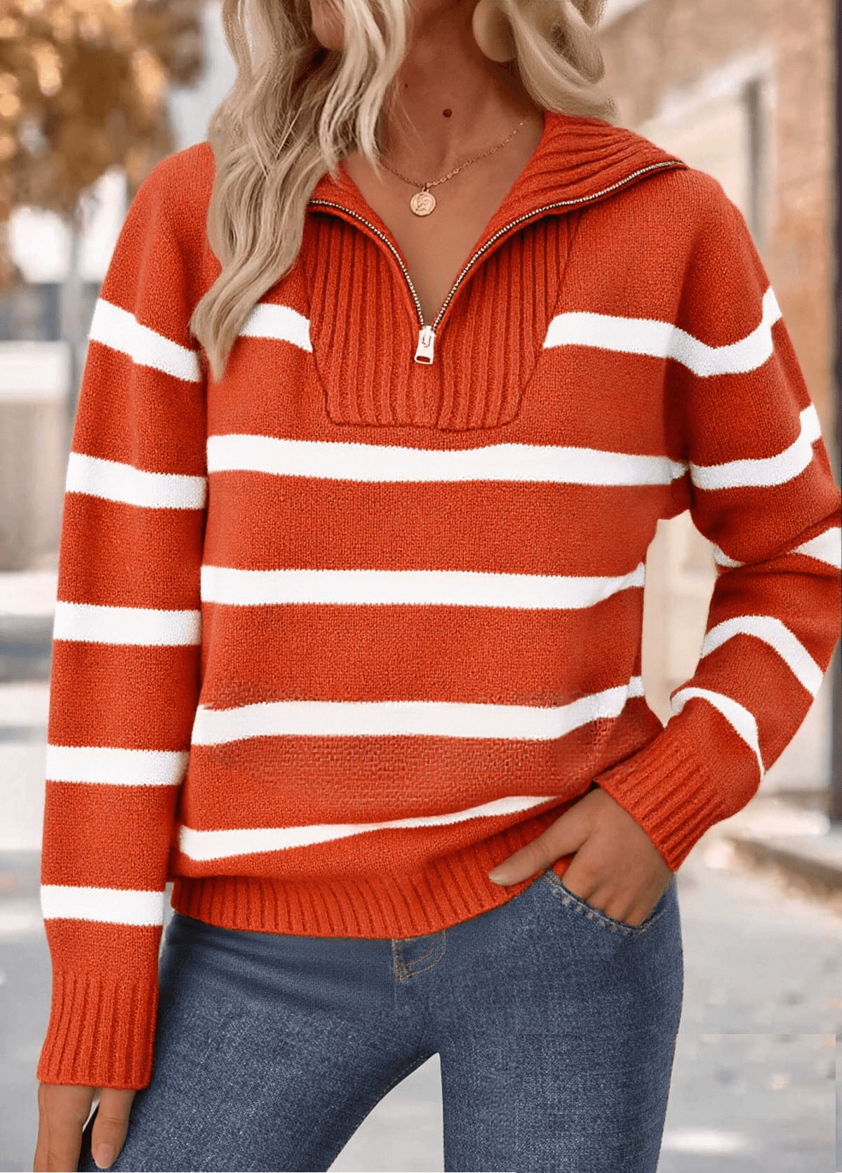 Striped Long Sleeve Turn Down Collar Sweatshirt