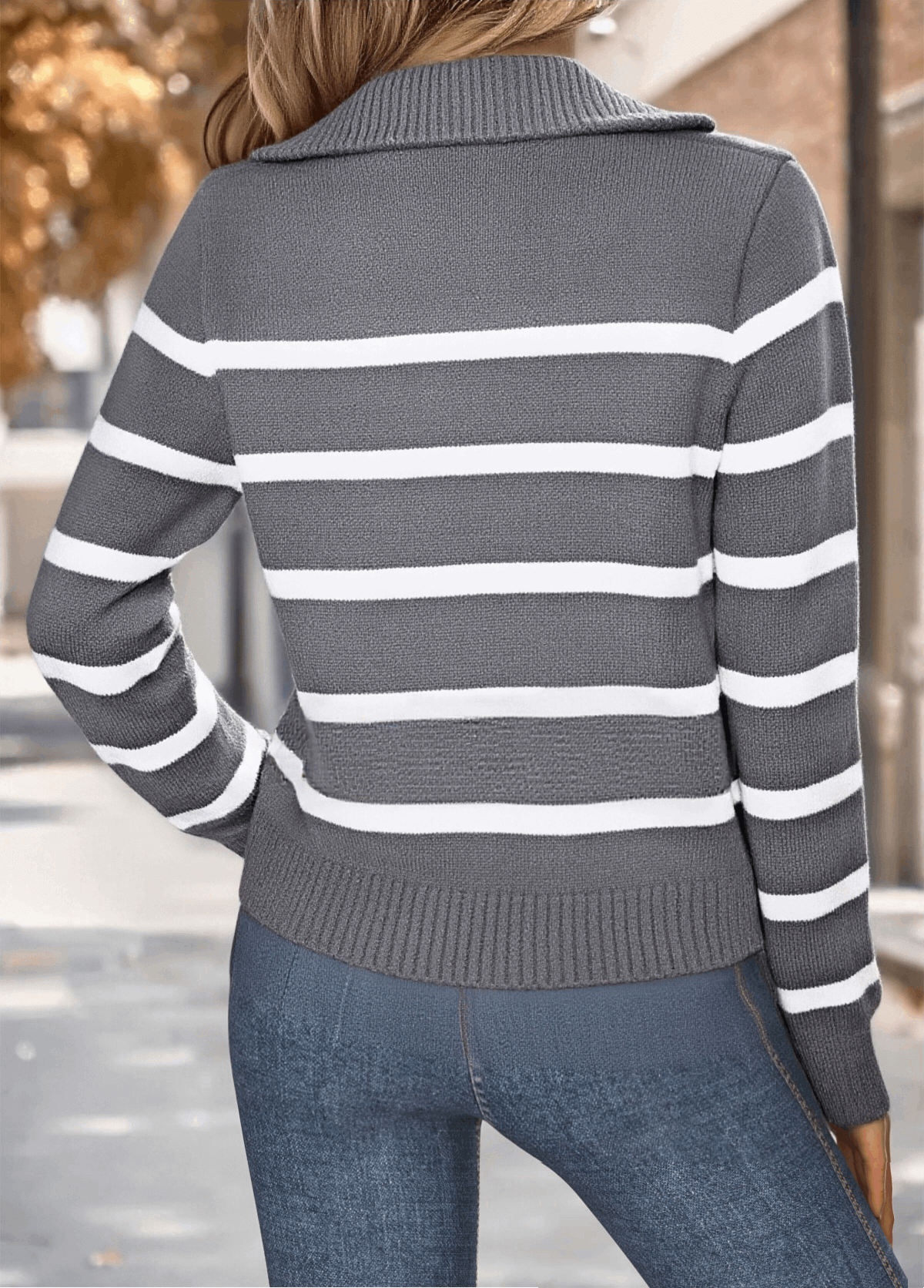 Striped Long Sleeve Turn Down Collar Sweatshirt