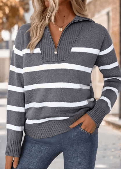 Striped Long Sleeve Turn Down Collar Sweatshirt