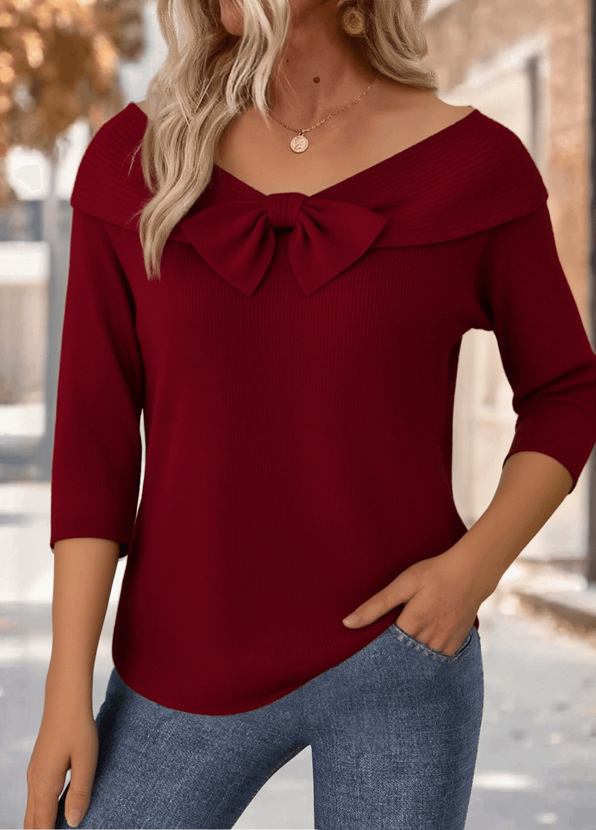   Round Neck 3/4 Sleeve Bow Casual Knit Pullover