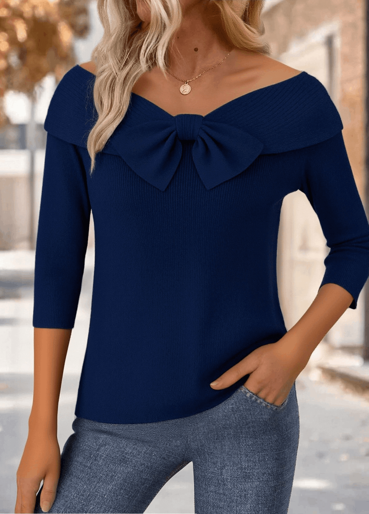   Round Neck 3/4 Sleeve Bow Casual Knit Pullover