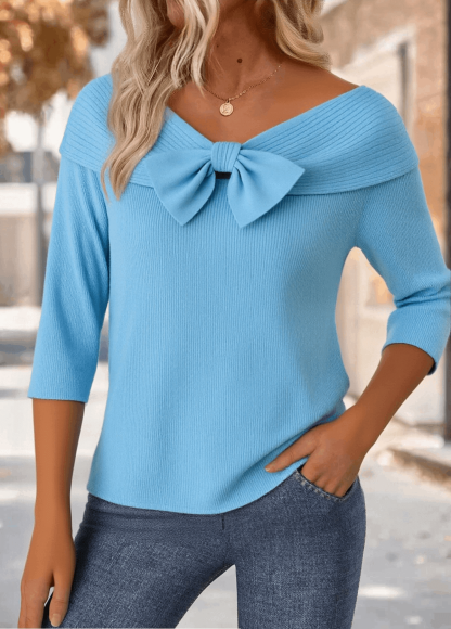   Round Neck 3/4 Sleeve Bow Casual Knit Pullover