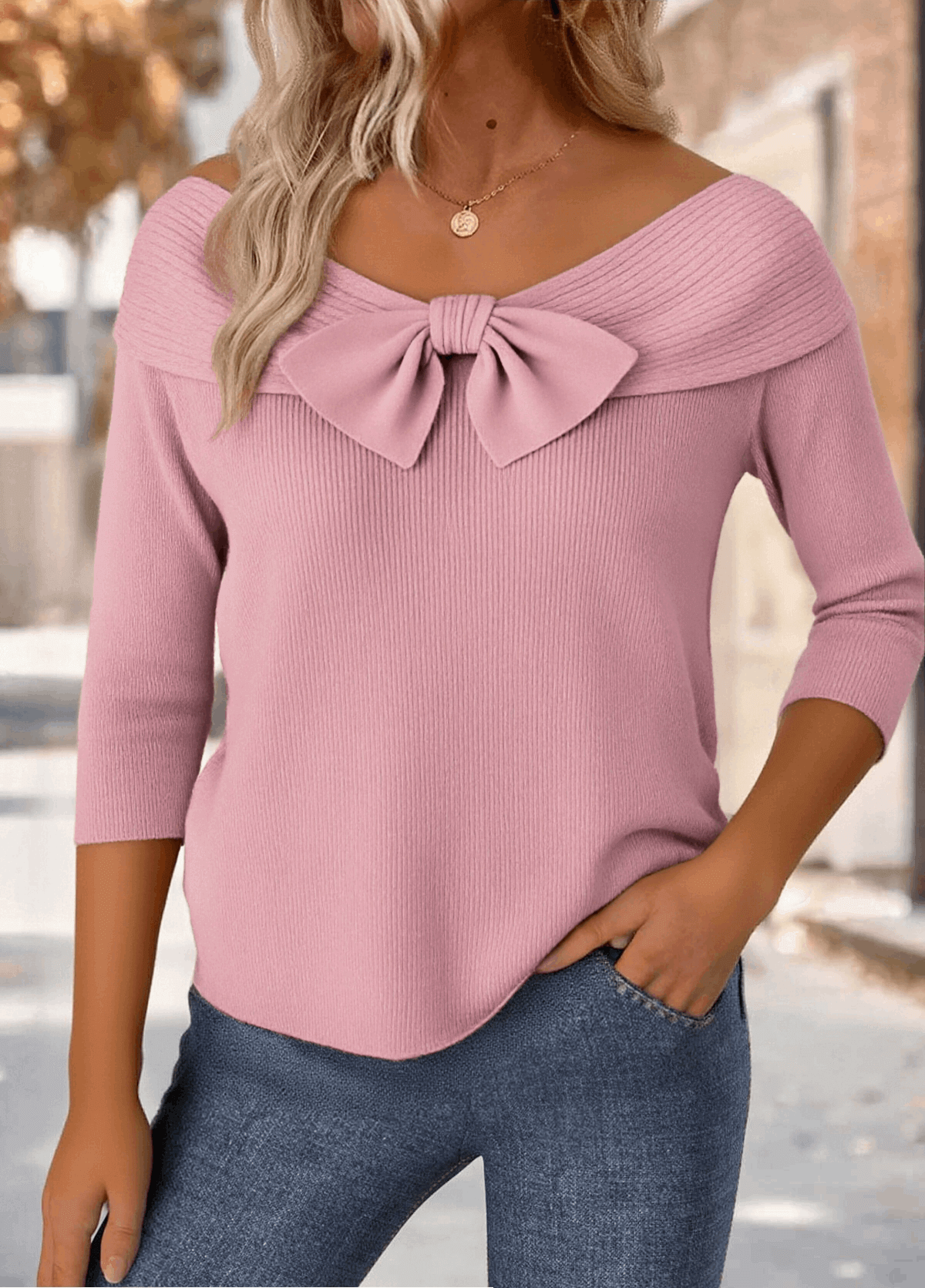  Round Neck 3/4 Sleeve Bow Casual Knit Pullover