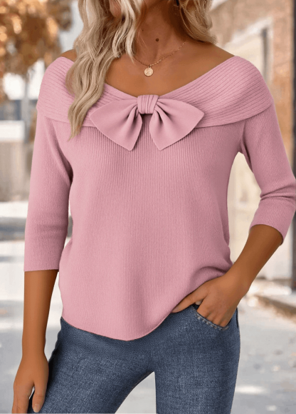  Round Neck 3/4 Sleeve Bow Casual Knit Pullover