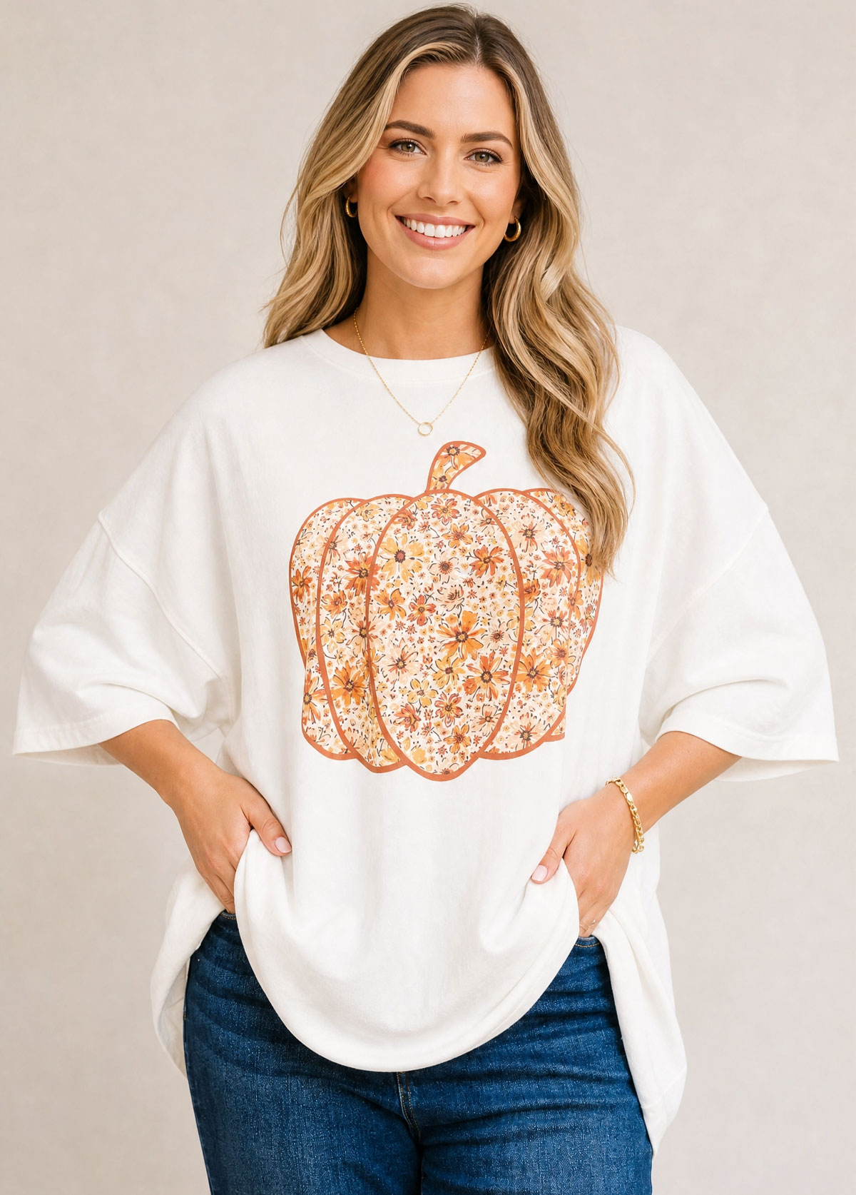 White Floral Pumpkin Graphic Oversized Short Sleeve T‑Shirt