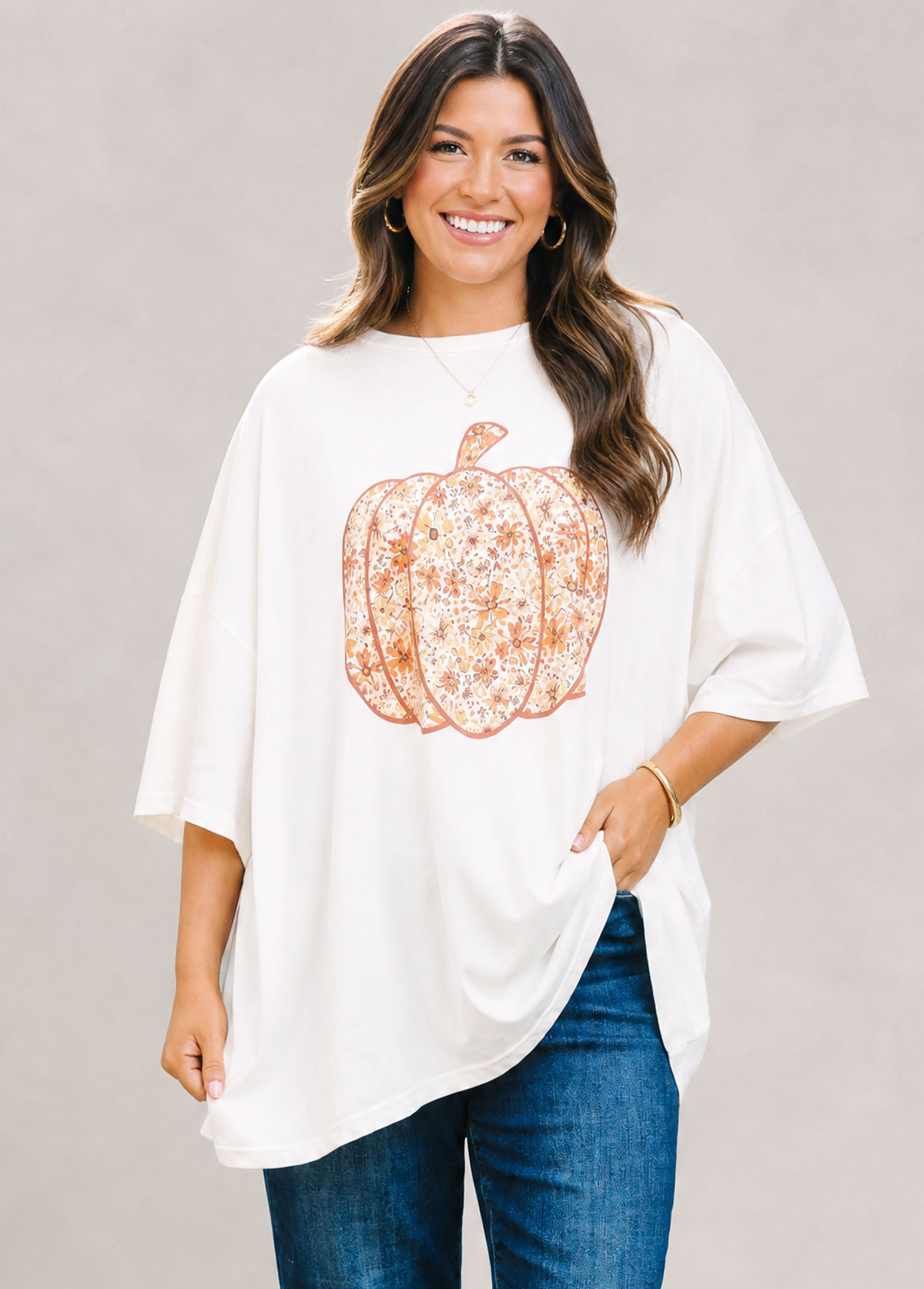 White Floral Pumpkin Graphic Oversized Short Sleeve T‑Shirt